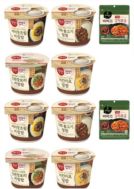 햇반 강된장보리비빔밥 280g+버터장조림비빔밥 216g+직화불고기덮밥 258g+치킨마요덮밥 233g+비비고 김치볶음 80g*2개, 1세트