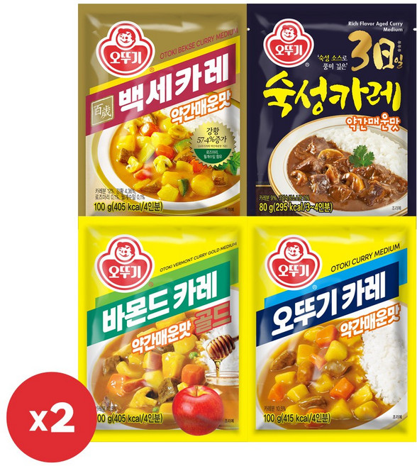 오뚜기 분말카레 약간매운맛 4종 2개씩(오뚜기카레+바몬드카레골드+백세카레+3일숙성카레), 1세트, 760g