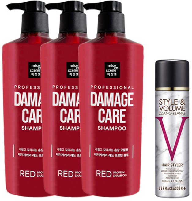 미쟝센 데미지케어 레드 프로틴 샴푸 680ml x3 + 볼륨짱짱 흑채 스프레이 블랙 120ml, 1개, 2.16L