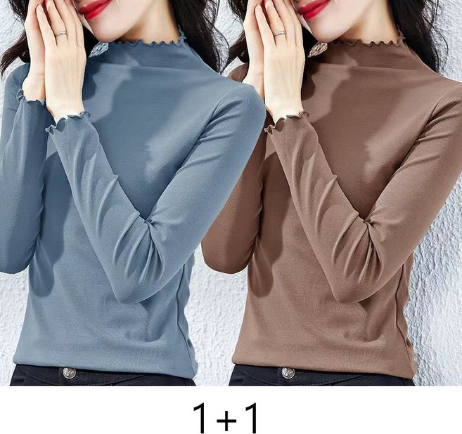 봄 가을 1+1 여성 라운드 긴팔 티셔츠 캐주얼 풀오버 상의 루즈핏 이너 긴팔티 기질 반폴라 모달 쫄티 WXY