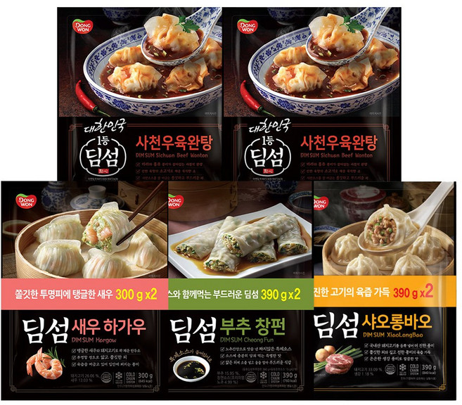 동원 딤섬 새우하가우 300g 2봉 + 부추창펀 390g 2봉 + 샤오롱바오 390g 2봉 + 딤섬 사천우육완탕 336g x2개