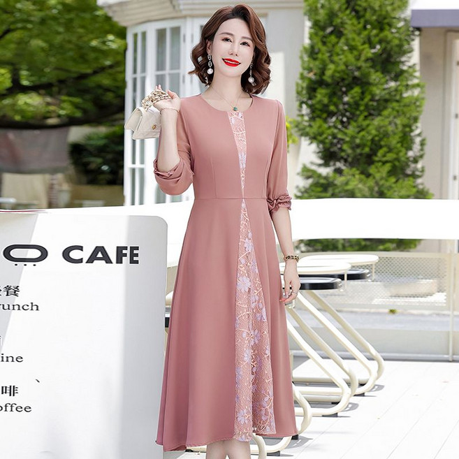 중년 여성 긴팔 원피스 빅사이즈 라운드넥 중장년 롱 쉬폰 원피스 패션 엄마옷 하객룩 원피스 YJW