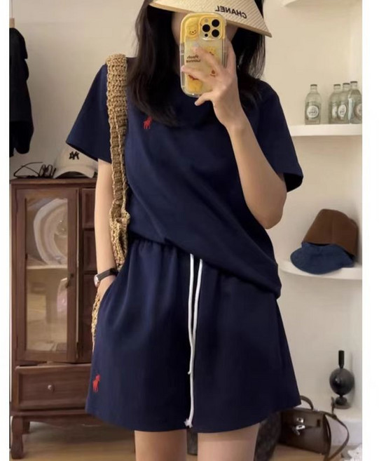 AREVI 여름 여자 트레이닝 세트 순면 레저 빅 사이즈 루즈핏 트랜드 반팔 티셔츠 반바지 세트