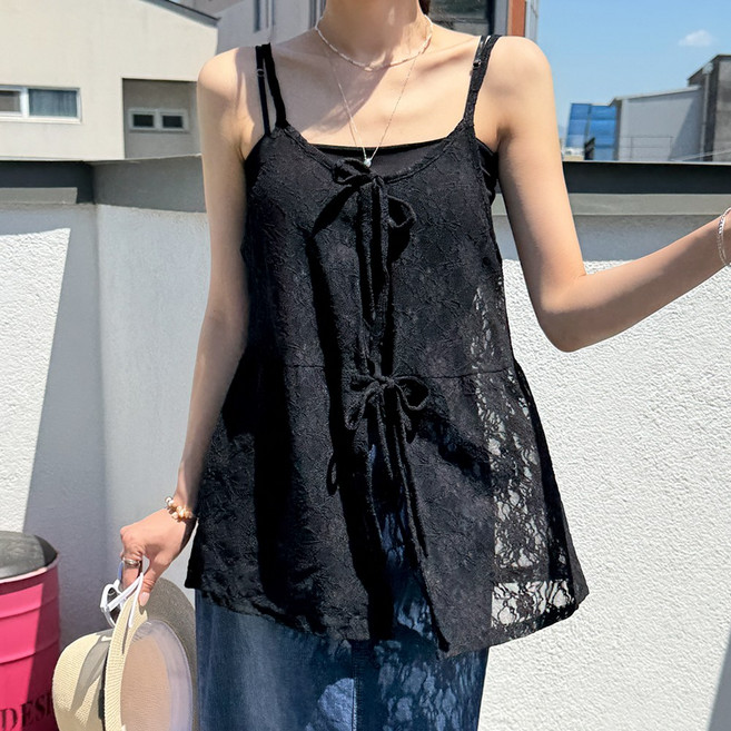 데일리앤 시엘 양면 플라워 레이스 망사 시스루 레이어드 이너 리본 끈 나시 민소매 뷔스티에 조끼
