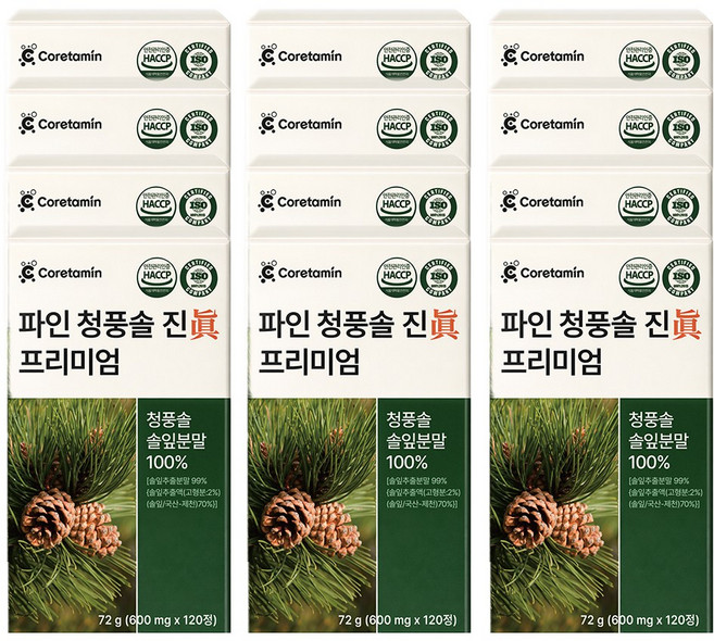 코어타민 파인 청풍솔 진 프리미엄 국산 솔잎 100% 식약청 인증 HACCP 추출물 농축액, 12개, 120정
