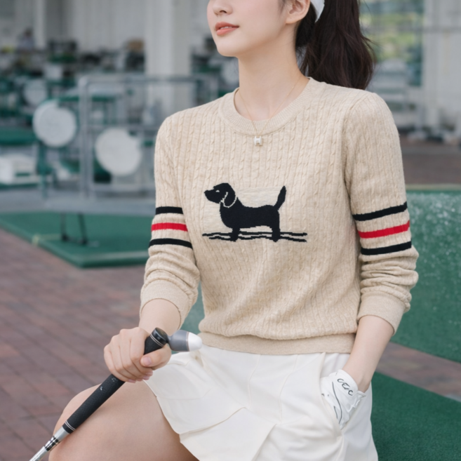 여성 케이블 고급 니트 부드러운 꽈배기 라운드넥 여성 골프니트 55~77 긴팔티 겨울 골프룩 이너