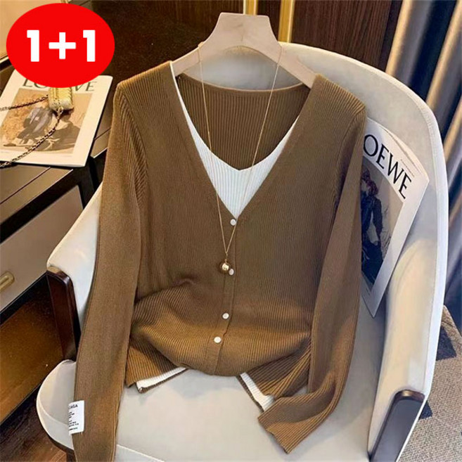 FINE ART 1+1 여자 레이어드 니트티 브이넥 스웨터 루즈핏 니트 긴팔 티셔츠 가을 겨울 데일리