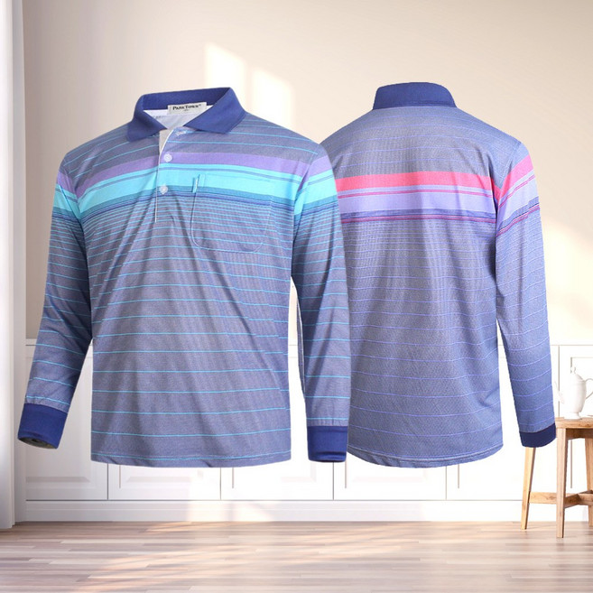 [어르신샵] 할아버지 티셔츠 봄 상의 여름긴팔 카라 스트라이프 티 어르신 남성 80대 요양원 옷