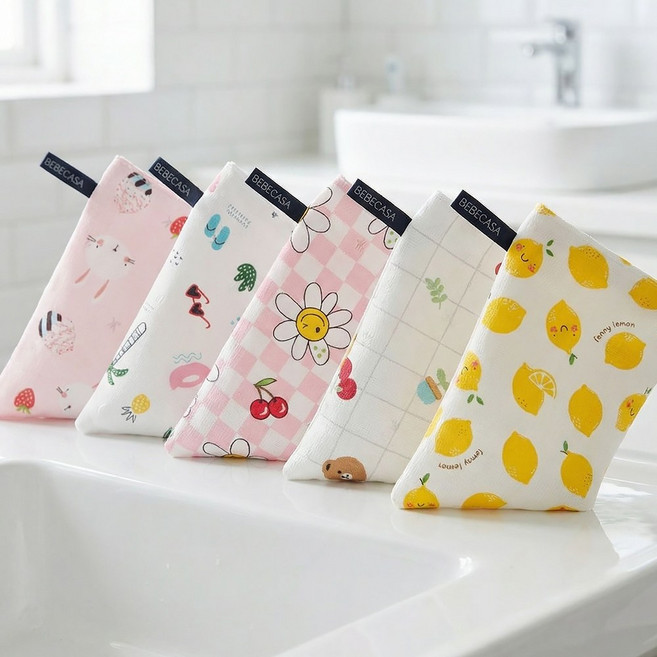 인견 때타올 5장 KC인증 특허 때밀이 그린 옐로우 등밀이, 01.딸기토끼+썸머+스마일핑크+체리베어+퍼니레몬, 1세트, 5매