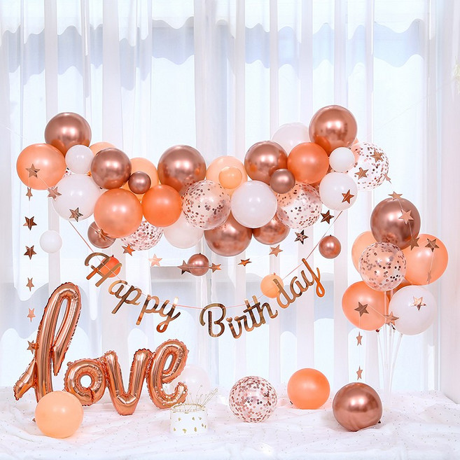 [피앤비유니티]하늘 닮은 올리브 파스텔 풍선구름 러브 생일 풍선 장식 세트 모음, 16)로즈골드 풍선구름 러브 생일장식(풍선꽂이 포함)