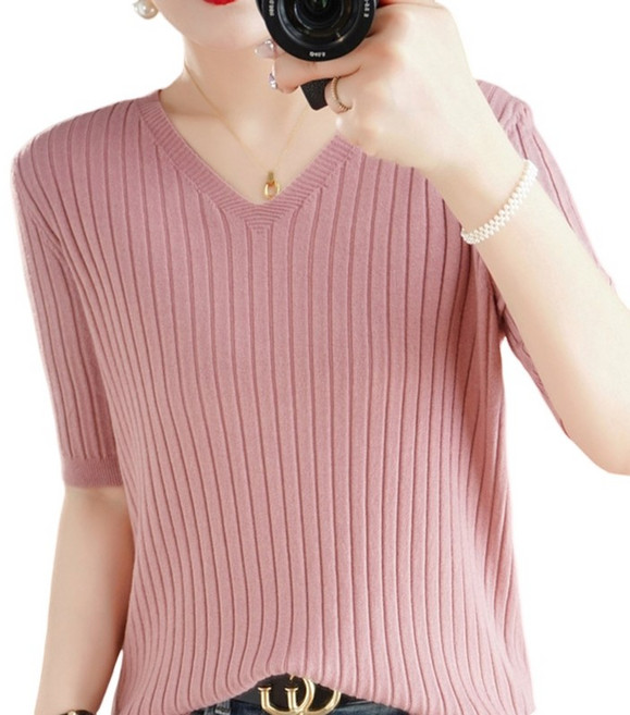 여성용 베이직 브이넥 골지 부드러운 반팔 니트