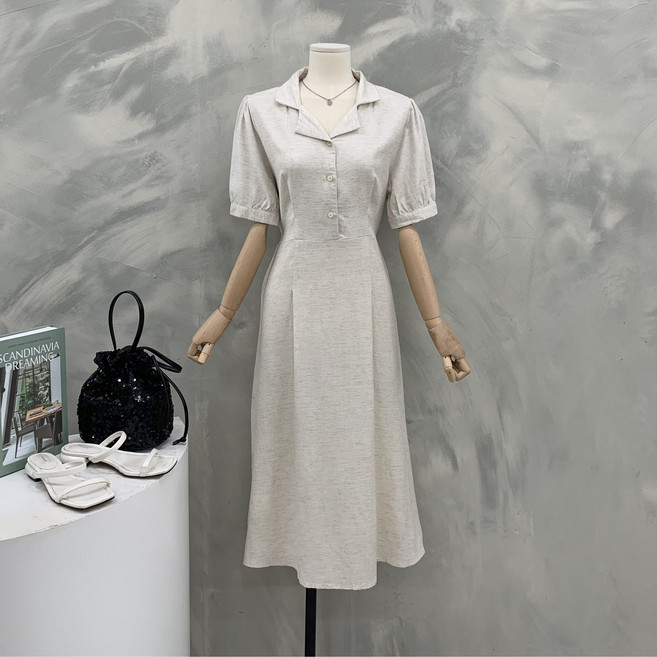 [행복여] 랑스 소매 셔링 오픈 카라넥 핀턱 플레어 원피스