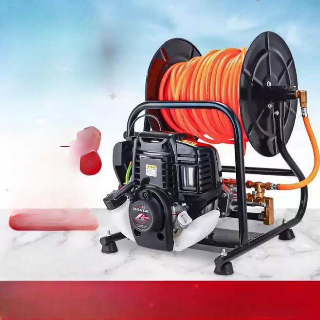 고압 수동식 농업용 분무기 정원 소독용 강력한 압력 분사기 튼튼한 호스릴 포함 온실 관리 효율적 사용 편리한 설계 4행정 가솔린 엔진, 수입 대마력 롤러 50m, 1개