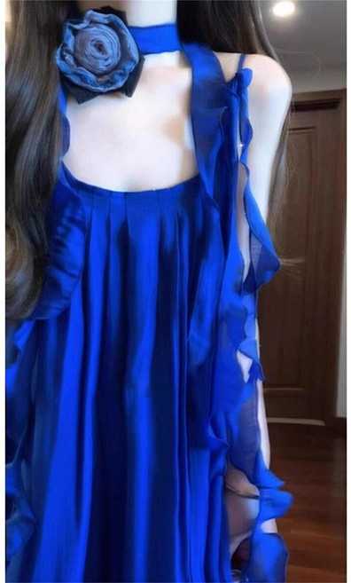 法式藍色吊帶連衣裙子女夏季海邊度假仙女長裙, 1個, 藍色((有花朵）L