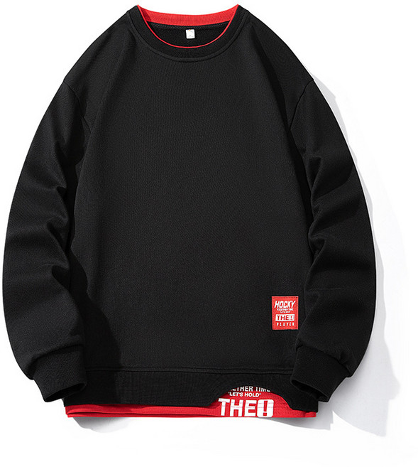 韓式假兩件長袖T恤 男生圓領休閑