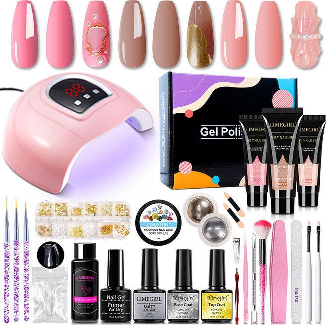 초보자 입문용 셀프네일 올인원 풀세트 젤네일 램프 폴리젤 연장 키트, 1개, pink