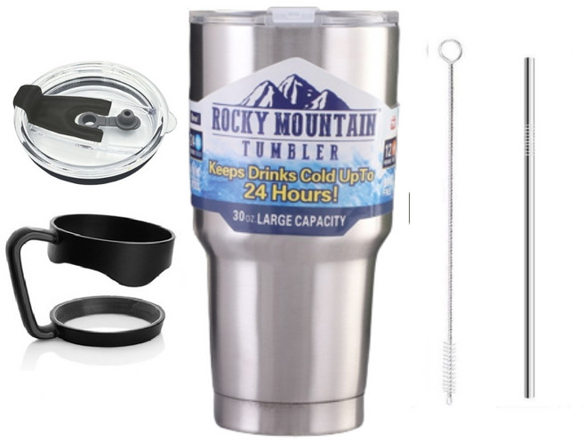 오늘출고 4종구성 록키마운틴텀블러 이중 진공텀블러 동코팅 900ml 대용량 빨대 손잡이 세척솔 포함 내부외부 각인, 1개, 실버