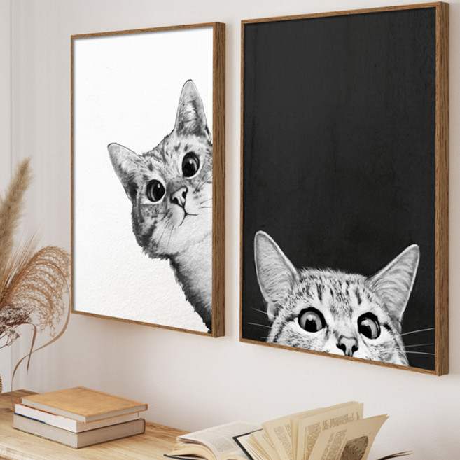 고양이 일러스트 감성 모던 그림 동물 캔버스 인테리어 액자, 01번 일러스트 아트픽 야옹이(캔버스출력), 우드