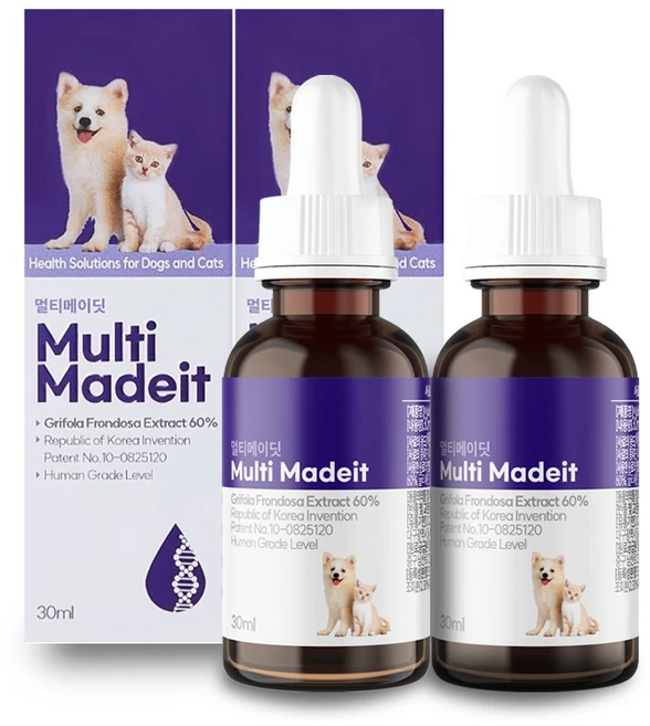 [멀티메이딧] 강아지 고양이 항* 종* 면역영양제고농축 잎새버섯추출물60% 1병 30ml 발명특허원료, 2개, 면역/항산화, 30회분 - 쿠팡