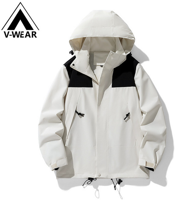休閒百搭衝鋒衣 男女同款 連帽寬鬆外套 登山外套 防風防水 戶外運動騎行服 象牙白