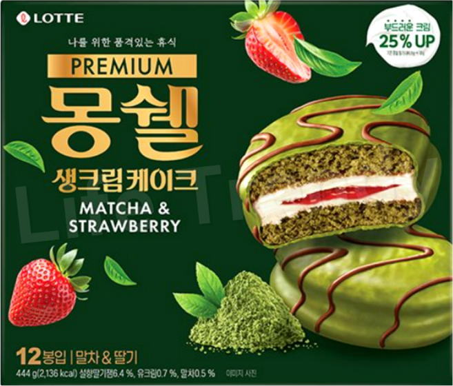 롯데 프리미엄 몽쉘 생크림케이크 말차 & 딸기, 444g, 1박스