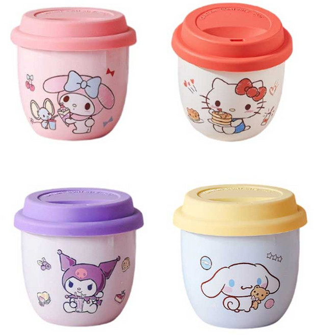 StarR 산리오 캐릭터 뚜껑 세라믹 머그컵 300ML 4개입, 1세트, 파우더 + 화이트 + 퍼플 + 블루