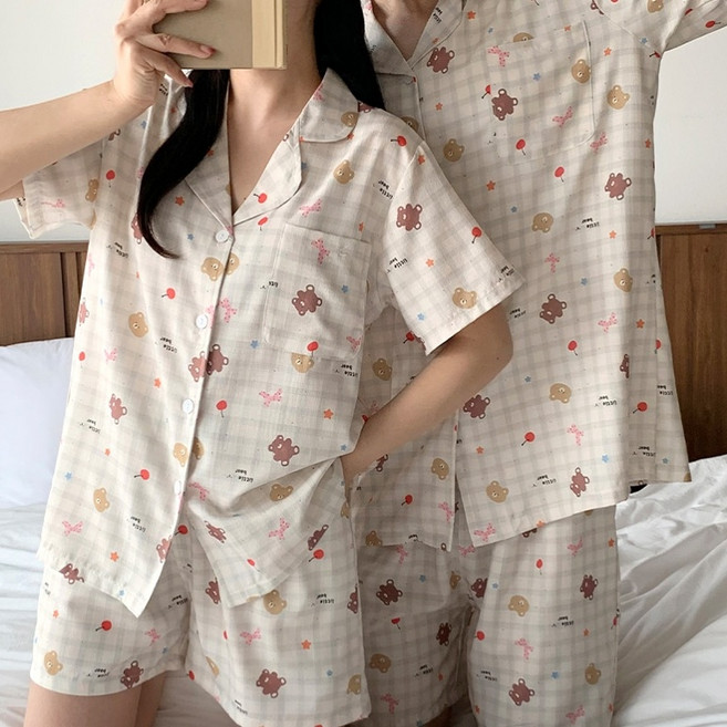 남성 여성 캐릭터 체크 파자마 반팔 잠옷세트