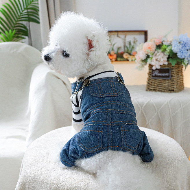 비즈펫 데님 멜빵바지 올인원 복고풍, 1개, 블루