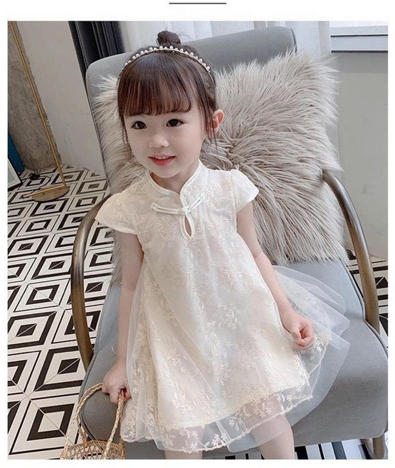 女童蕾絲旗袍洋裝 杏色