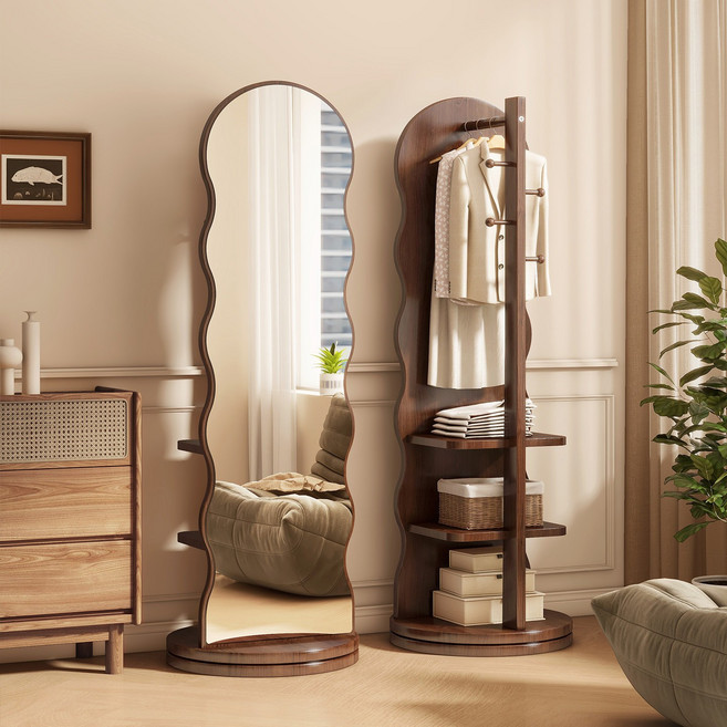 GOOD MOMENT 튼튼한 회전 전신거울 원목 수납 옷걸이 행거, 원목색