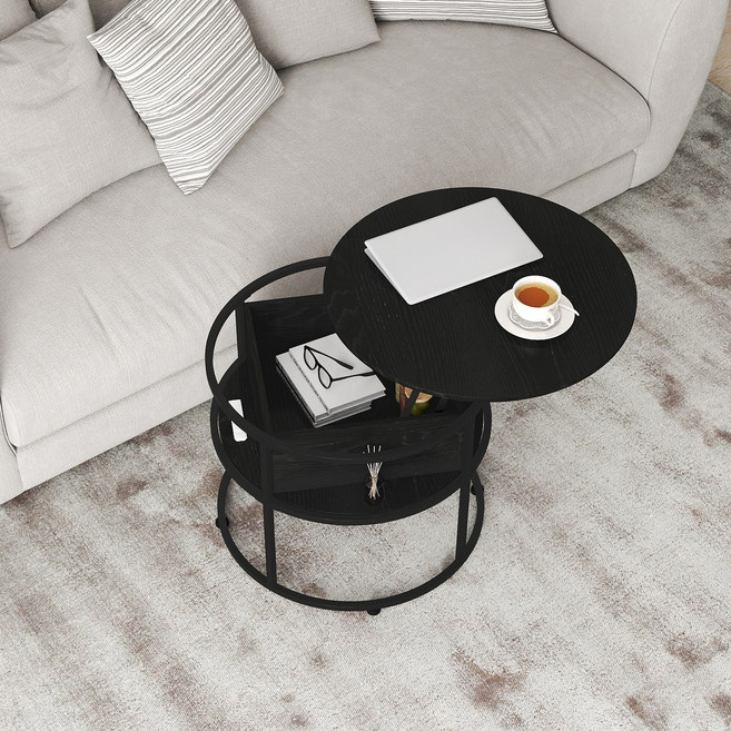 소웰라이프 리프트업 수납 원형 소파테이블, 블랙