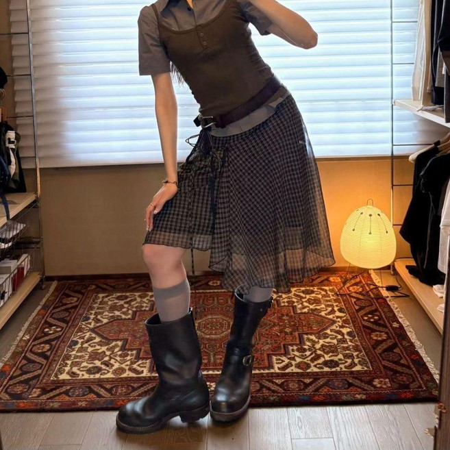 大碼復古格子半身裙 顯瘦夏季不規則綁帶中裙