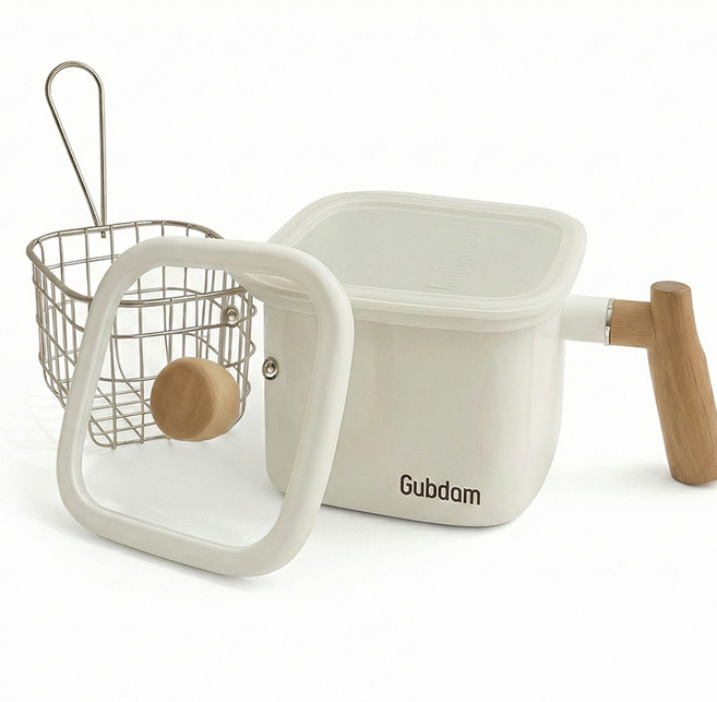 굽담 우드 손잡이 사각 법랑 용기 다용도 보관 냄비, 1.8L(PP뚜껑+튀김망 포함), 화이트, 1개