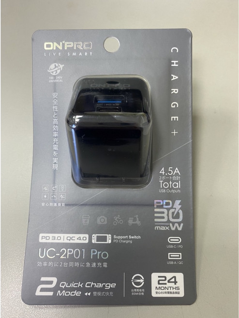 ON'PRO UC-2P01 Pro 30W PD3.0 QC4.0 Type-C USB 雙孔急速充電器, 黑色, 1個