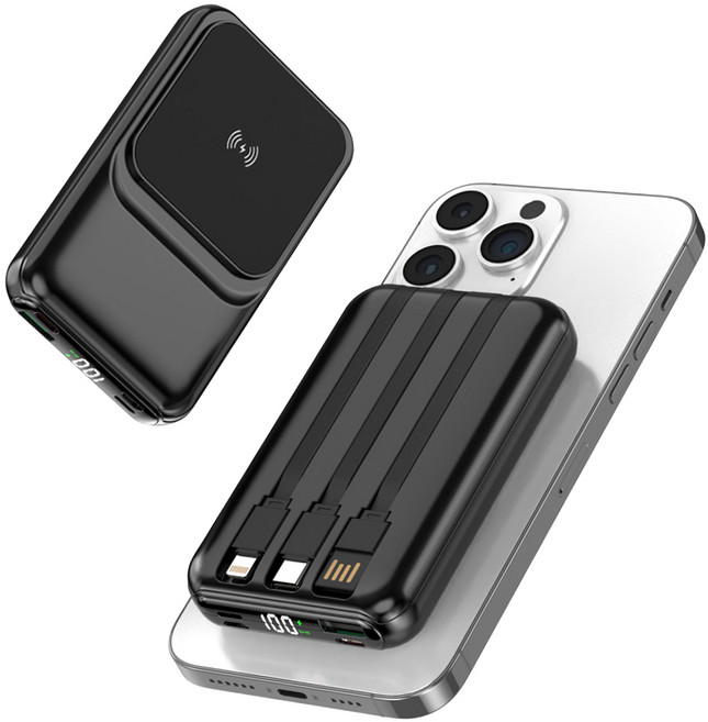 맥세이프 호환 보조배터리 대용량 20000mAh 15W무선+PD22.5W 고속충전 케이블 일체형 LCD잔량표시, 블랙, 1개, W010