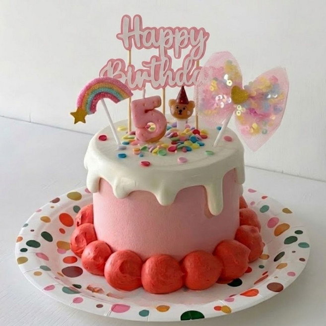生日快樂數字5蛋糕插牌組合 彩虹蝴蝶結裝飾, 彩虹色, 1套