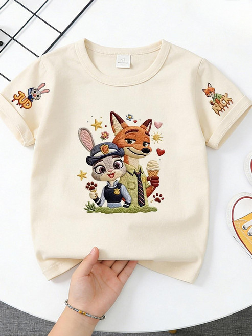 여름 주토피아 주디 닉 캐릭터 자수 아동 반팔 면 티셔츠 유아맨투맨 어린이집 등원룩