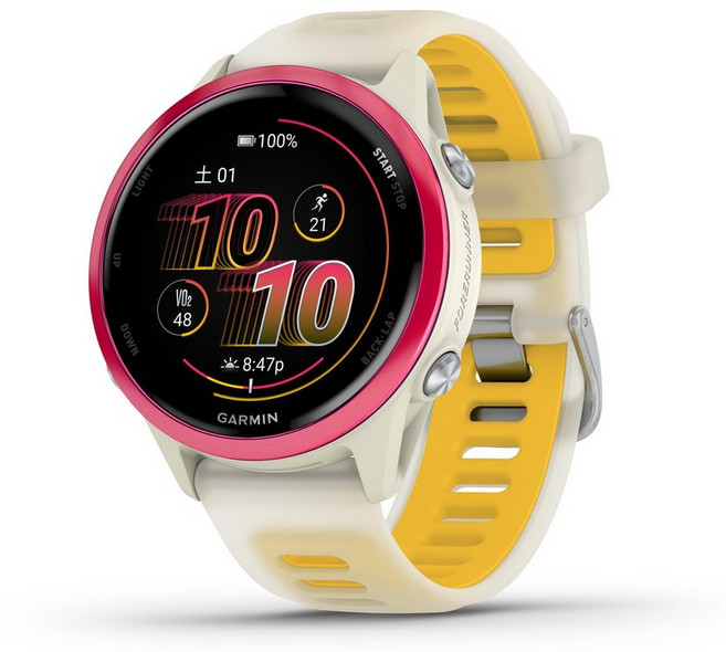 Garmin 포러너 570 42mm 어드밴스드 GPS 러닝 및 트라이애슬론 스마트워치 AMOLED 디스플레이 훈련 복구 기능 반투명 뼈/망고 밴드가 있는 라즈베리 알루미늄, 뼈/망고가 들어간 라즈베리, 1개