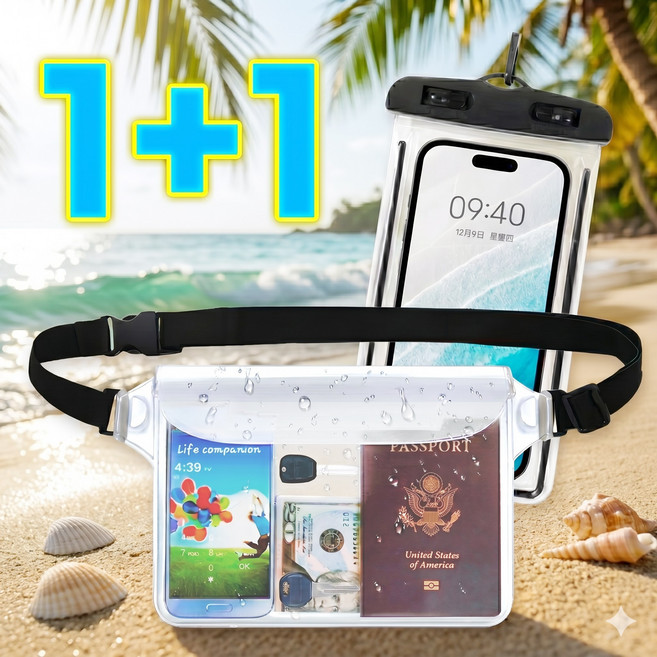 겟리빙 3중밀봉 투명 방수가방 크로스백 + 핸드폰 방수팩 물놀이 세트, 1개, 크로스백+휴대폰 방수팩 세트