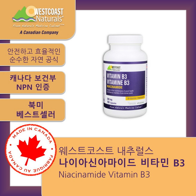 천연 서해안 나이아신아마이드 비타민 B3 Westcoast Naturals Niacinamide Vitamin B3 90/180 Capsules, 1개, 180정