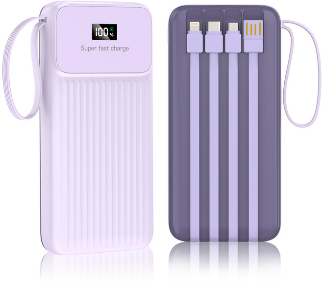 THOUSTA 일체형 보조배터리 10000mAh 22.5W PD QC3.0 초고속충전 4개 케이블 내장됨, 퍼플