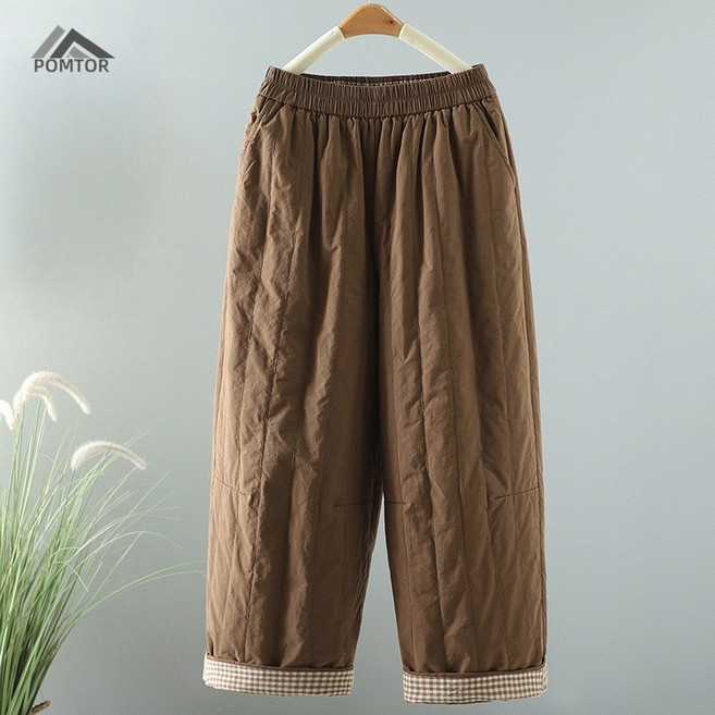 POMTOR 여성 겨울 밴딩 솜 패딩 바지 캐주얼 슬랙스 루즈핏 팬츠