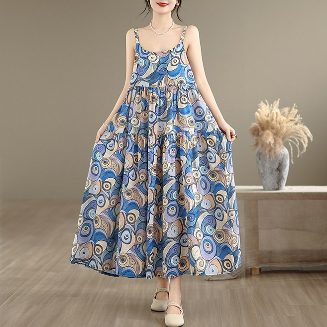 티티웍스 여성 뷔스티에 프린트 셔링 A라인 나시 롱 캉캉 원피스 휴양지 비치웨어
