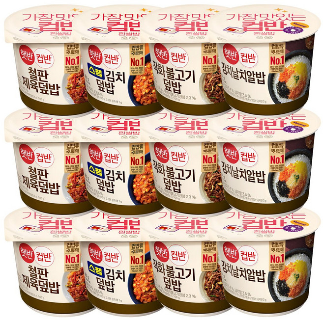햇반컵반 철판제육덮밥 256g 3p + 스팸김치덮밥 251g 3p + 직화불고기덮밥 258g 3p + 김치날치알밥 188g 3p, 1세트