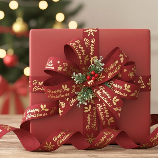 상일상회 크리스마스 리본 끈 선물 포장 금박 23m, 골드와인, 1개