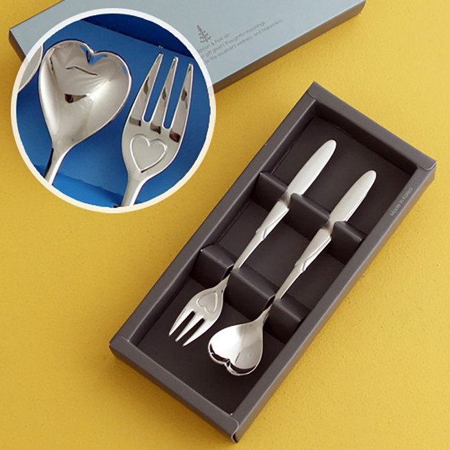 인스푼 티스푼포크 돌 결혼답례품, 엔젤하트 2P (포크1+티스푼1), 인쇄함 / 포장 (골드), 1세트