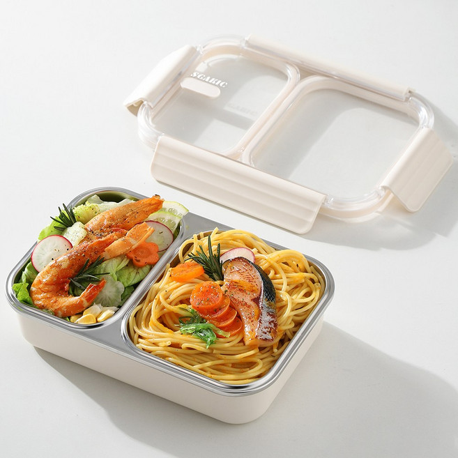 직장인 전자레인지 도시락통 나눔 밀폐 스텐 반찬통 소풍 식판 런치박스, 880ml 2칸 화이트, 1개