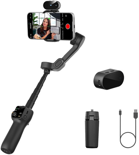AOCHUAN 3축 짐벌 스태빌라이저(7.8' 연장봉 내장) 브이로그 휴대폰 짐벌(AI 트래킹 ) 용 휴대용 스마트폰 홀더(풀스크린 OLED 디스플레이 버튼 스마트 V8(블랙), Smart V8 AI, Black, 1개