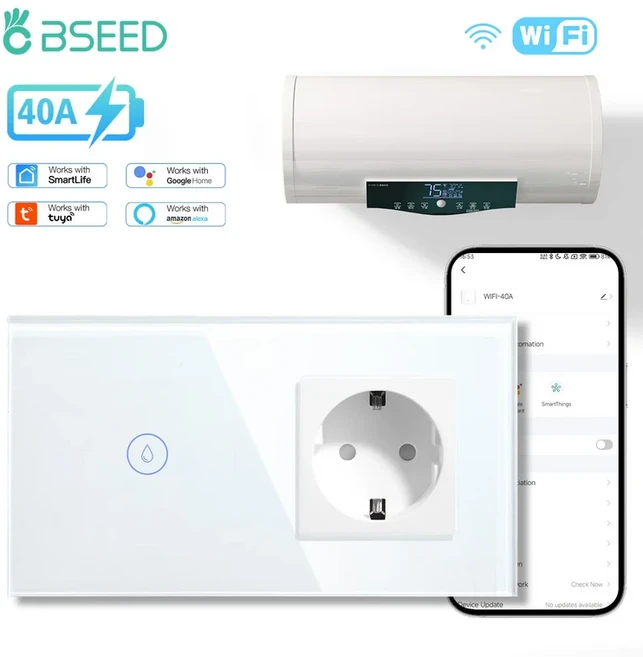 BSEED WIFI 온수기 스위치 스마트 벽 보일러 40A 유리 터치 패널 음성 제어 Alexa Google Home Tuya App EU, 01 40A Switch, 05 Socket White