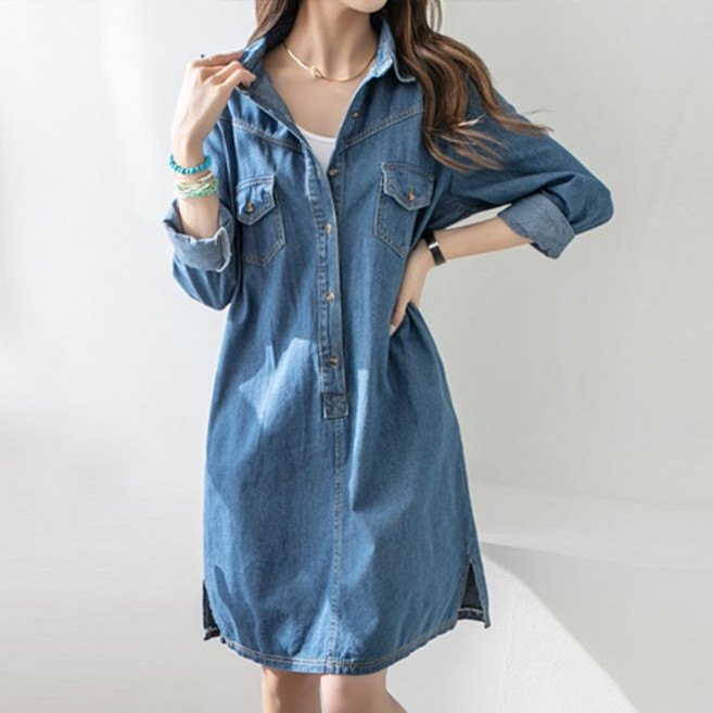 [나크21] (55~88) 여성용 데일리 긴팔 카라넥 캐주얼 데님 원피스 NK21-O-6